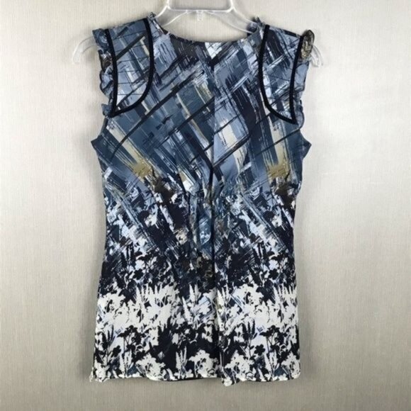 Tapemeasure Womens Abstract Print Ruffle Sleeveless Blouse Size 4 Black/White/Bl - Picture 8 of 9